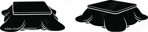 Two black and white kotatsu table illustrations on a white background