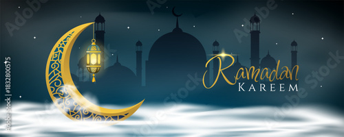 Ramadan kareem background with crescent, mosque and lantern.
