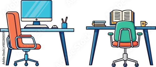 Two office workspaces with computer books and chairs illustration