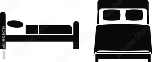 Simple bed icon set in black and white for bedroom furniture