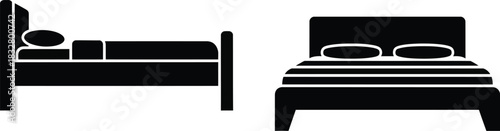Bed icon set side and front views of a comfortable sleep space