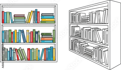 Hand drawn bookshelves with books line art illustration for education and reading