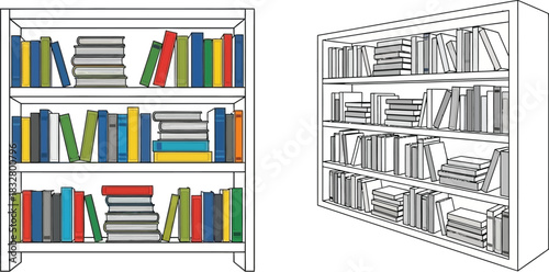 Two bookcases filled with books one in color and one in black and white