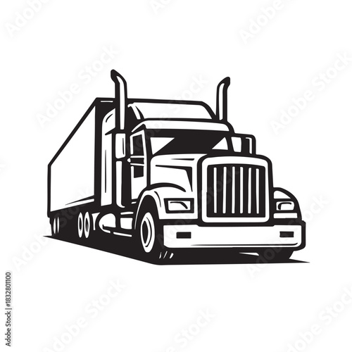 Black and White Semi Truck and Trailer Illustration