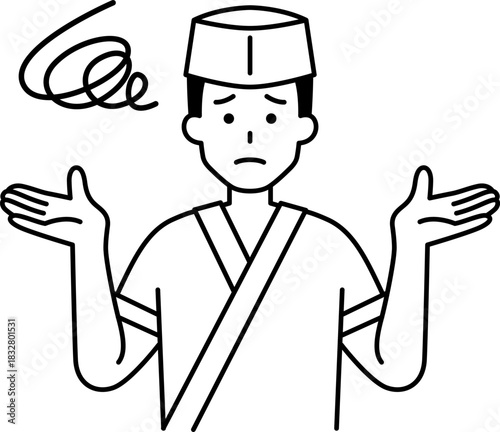 お手上げする和食屋の男性店員