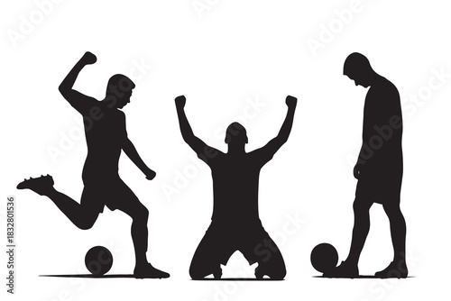 Soccer Player Silhouettes Celebrating and Kicking on White Background
