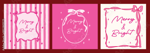 Pink Coquette Merry and Bright Christmas Frame Set Illustration