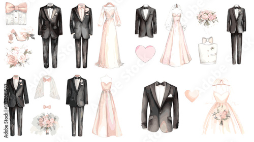 Elegant wedding outfit illustration set featuring bride and groom formal attire with accessories floral elements and romantic pastel details ideal for invitations fashion concepts and celebration them
