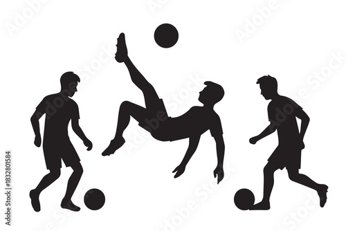 Soccer Player Silhouettes with Acrobatics and Dribbling on White Background