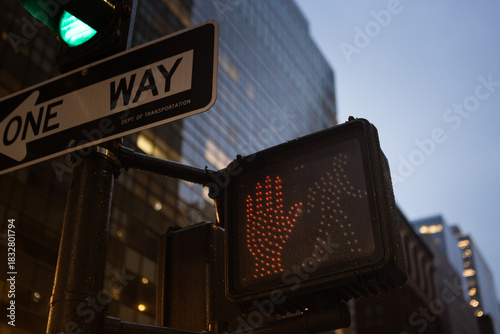City Intersection with One Way Sign and Pedestrian Light. Manhattan, NYC