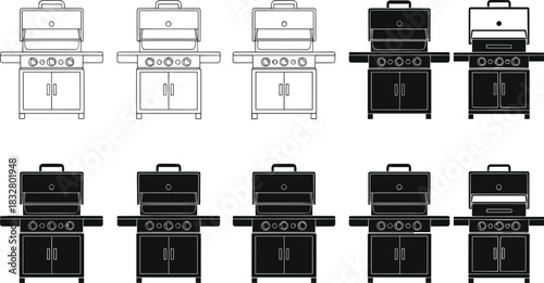 Gas grill transformation sequence—black and white vector of grill design evolution in ten progressive stages