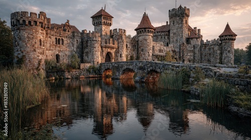 Majestic medieval castle exterior with stone walls towers drawbridge over moat at sunset fantasy style