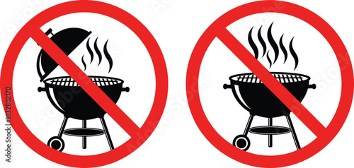 No grilling allowed icon—black silhouette vector of steaming charcoal grills with red prohibition symbols
