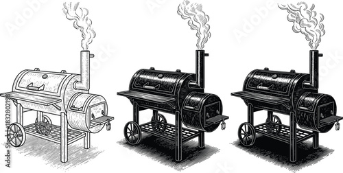 Offset smoker grill trio—black and white vector of three barbecue smokers in progressive shading styles