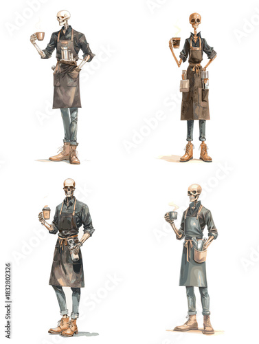 Stylish skeleton barista holding coffee tools and wearing an apron. Artistic cafe themed illustration showing a creative barista character preparing drinks with modern coffee culture vibes.