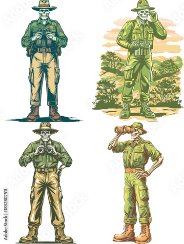 Illustration of a skeleton forest ranger in outdoor gear using binoculars. Vintage inspired adventure character symbolizing exploration, wildlife patrol and wilderness guardianship.