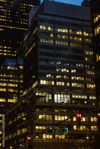 City Office Building Lights at Night. Manhattan, NYC 