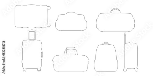 CAD Drawings. Various luggage items outline — hard-shell suitcase with wheels, soft travel bag, trolley suitcase, backpack, duffel bag isolated on white background. Vector illustration.