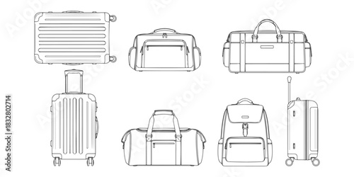 CAD Drawings. Various luggage items — hard-shell suitcase with wheels, soft travel bag, trolley suitcase, backpack, duffel bag isolated on white background. Vector illustration.