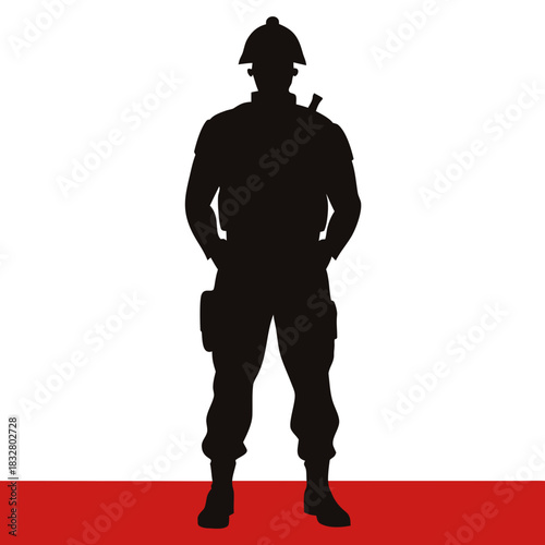 A black silhouette of a soldier or military personnel standing in a confident pose.