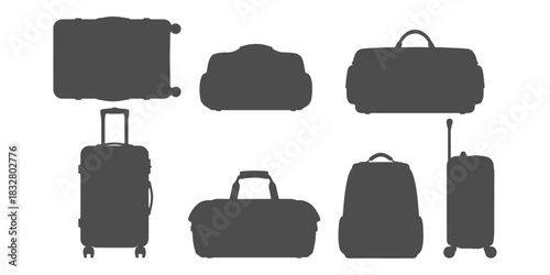 CAD Drawings. Various luggage items silhouette— hard-shell suitcase with wheels, soft travel bag, trolley suitcase, backpack, duffel bag isolated on white background. Vector illustration.