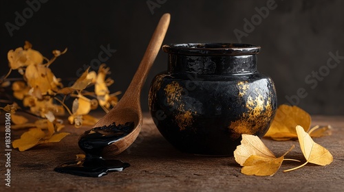 Moody arrangement with black pot, golden leaves, wooden spoon and liquid content