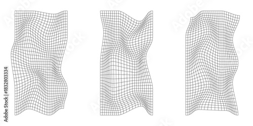 Distorted square grid. Warped mesh texture. Retro punk design elements. Wireframe wave geometry grid. Curved mesh elements. Eps10