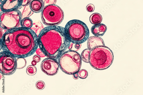 Colorful abstract illustration of cells and viruses, highlighting intricate details and textures, emphasizing health, disease prevention, and the significance of medicine in today's world