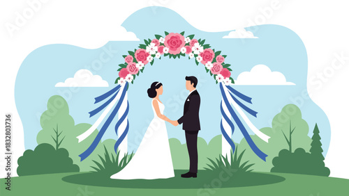 Modern flat wedding illustration of a bride and groom standing under a decorated floral arch holding hands, ideal for romantic invitations, celebration prints, and love themes