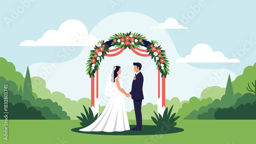 Modern flat wedding illustration of a bride and groom standing under a decorated floral arch holding hands, ideal for romantic invitations, celebration prints, and love themes