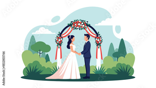 Modern flat wedding illustration of a bride and groom standing under a decorated floral arch holding hands, ideal for romantic invitations, celebration prints, and love themes
