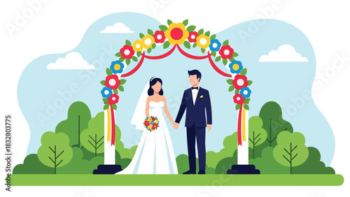 Modern flat wedding illustration of a bride and groom standing under a decorated floral arch holding hands, ideal for romantic invitations, celebration prints, and love themes
