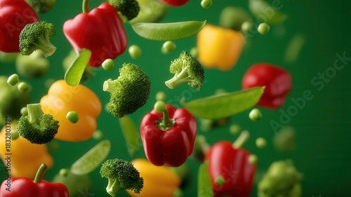 Fresh bell peppers, broccoli, and snow peas falling, representing healthy eating and vibrant natural ingredients
