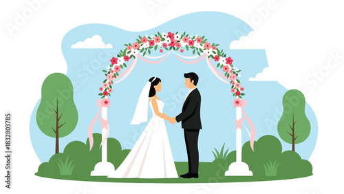 Modern flat wedding illustration of a bride and groom standing under a decorated floral arch holding hands, ideal for romantic invitations, celebration prints, and love themes