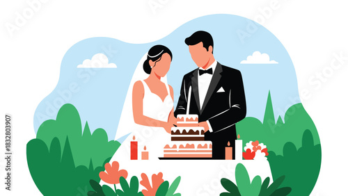 Flat modern vector illustration of a bride and groom cutting a wedding cake together, perfect for reception visuals, romantic artwork, and celebration media