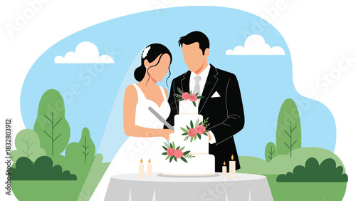 Flat modern vector illustration of a bride and groom cutting a wedding cake together, perfect for reception visuals, romantic artwork, and celebration media
