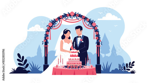 Flat modern vector illustration of a bride and groom cutting a wedding cake together, perfect for reception visuals, romantic artwork, and celebration media