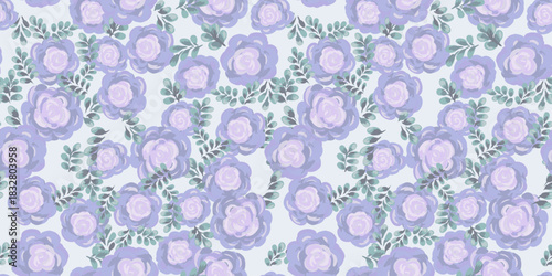 Seamless vector floral pattern with soft hand painted lavender roses and gentle green leaves on a light pastel background. Elegant romantic design for textiles, wrapping paper and decor