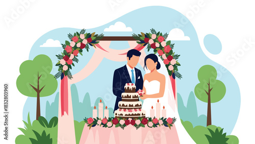 Flat modern vector illustration of a bride and groom cutting a wedding cake together, perfect for reception visuals, romantic artwork, and celebration media