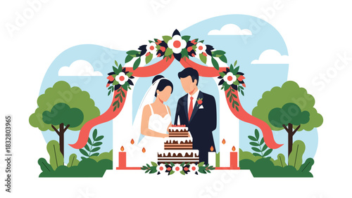Flat modern vector illustration of a bride and groom cutting a wedding cake together, perfect for reception visuals, romantic artwork, and celebration media