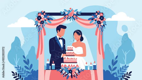 Flat modern vector illustration of a bride and groom cutting a wedding cake together, perfect for reception visuals, romantic artwork, and celebration media