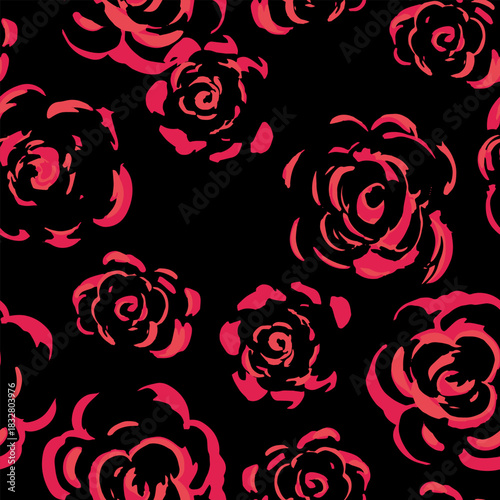 Seamless vector pattern of artistic red roses on a black background. Bold floral design for fashion, textiles, packaging, wallpapers, romantic decor, and digital products