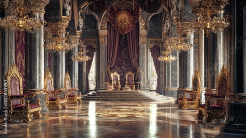 Medieval throne room castle interior grand marble columns intricate tapestries golden chandeliers royal heraldry