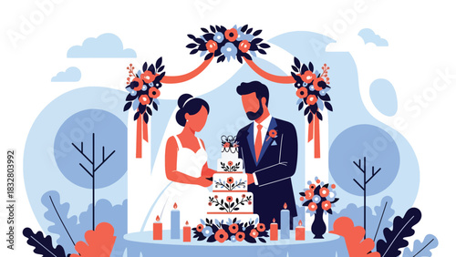 Flat modern vector illustration of a bride and groom cutting a wedding cake together, perfect for reception visuals, romantic artwork, and celebration media