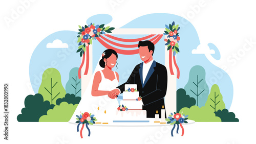Flat modern vector illustration of a bride and groom cutting a wedding cake together, perfect for reception visuals, romantic artwork, and celebration media
