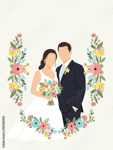 Modern flat wedding couple portrait framed with floral decoration, ideal for invitations, posters, save-the-date designs, and romantic visual branding