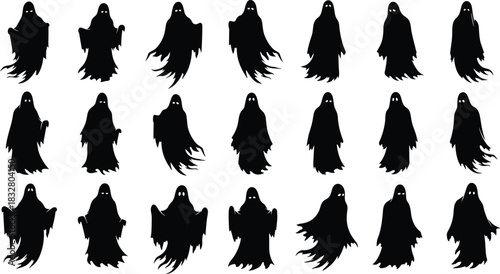 Spooky silhouettes: Ethereal ghosts creating a chilling Halloween atmosphere, perfect for seasonal designs, invitations, and creative projects
