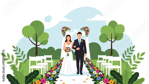 Modern flat illustration of an outdoor garden wedding with couple walking the aisle, ideal for nature-inspired romance themes and event branding
