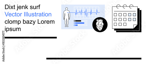 Health tracking, medical records, technology integration, cardiac health, data visualization, appointment scheduling. Human figure, heartbeat graph calendar anatomical heart icon. Health tracking