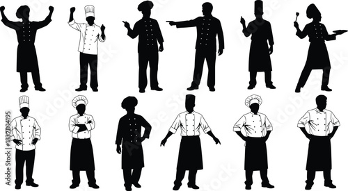 Diverse culinary team silhouettes cooking with passion, ideal for restaurant menus, food blogs, or chef training materials, originally a scalable vector graphic